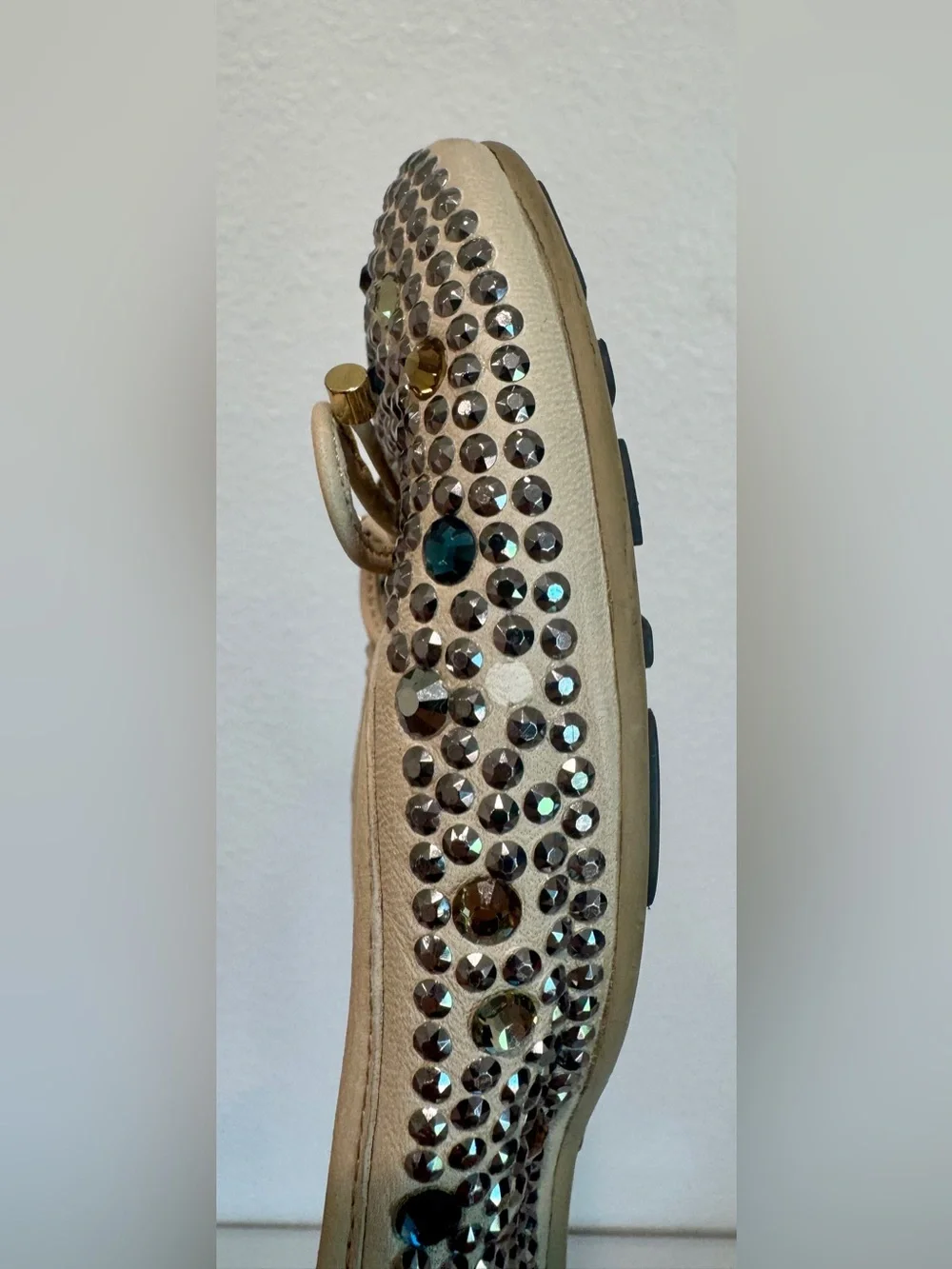 Jimmy Choo Wray Crystal Studded Leather Ballet Flats Bow Cream Gold EU 37 US 7